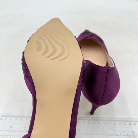 FSJ Women Low Kitten Heels Pointed Toe Slip on Pumps Pleated Satin Heels Purple - Picture 6 of 7